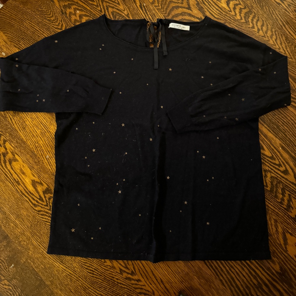 Violeta by Mango - Wool-blend Sweater with Metallic Stars - Navy